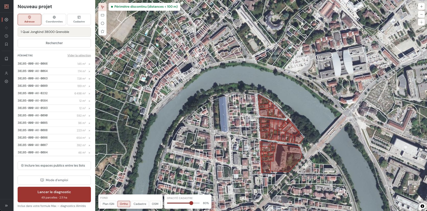 Écran de sélection du périmètre dans Urbascreen : parcelles cadastrales choisies sur la photographie aérienne d'un quartier de Grenoble.